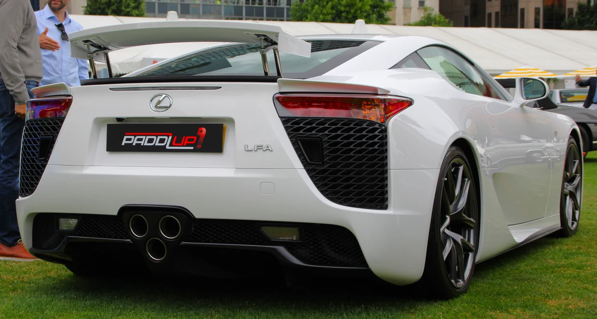 Rear three-quarter view of a white Lexus LFA at London Concours in 2022.