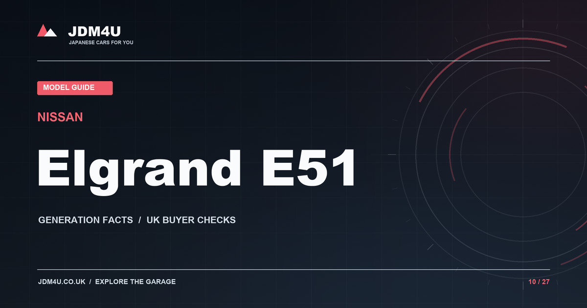 JDM4U editorial graphic for Nissan Elgrand E51; no vehicle is pictured