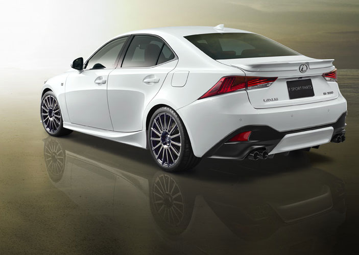 White Lexus IS with TRD styling, shown from the rear